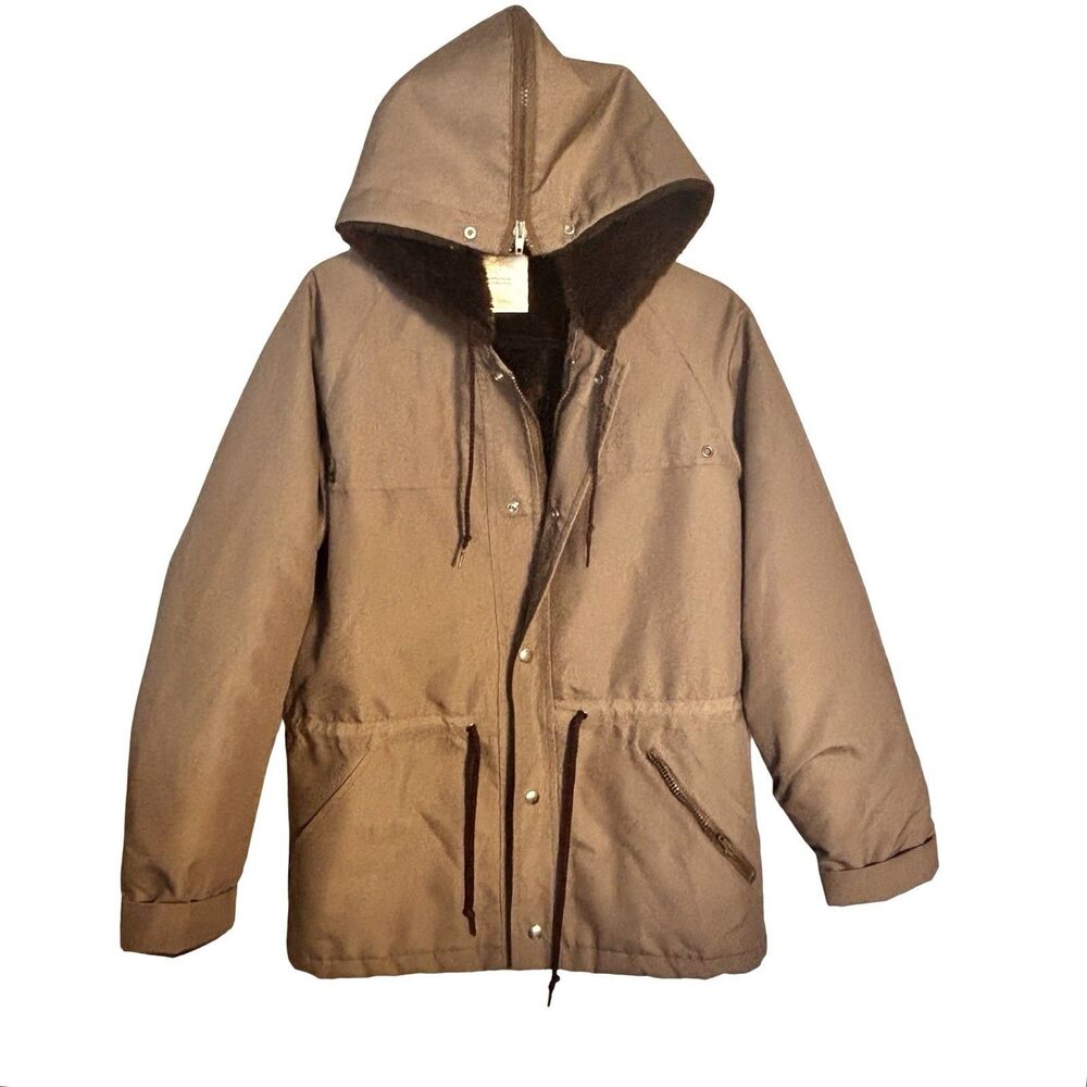 LONDON FOG Vintage Men’s 40R Hooded Tan Parka Fur Lined Zip + Snap Zipper Hood